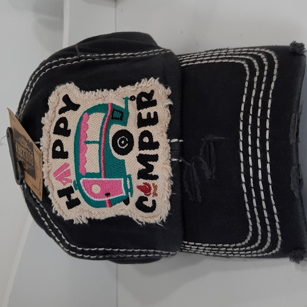 Happy Camper Baseball Cap Hat Headwear KBETHOS Vintage Look Camping Black